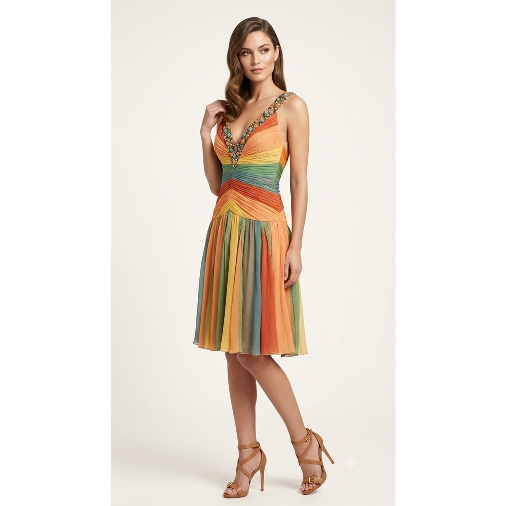 Mandalay Silk Beaded Cocktail Dress Sunset V-Neck Sleeveless Vintage Glam Size 6